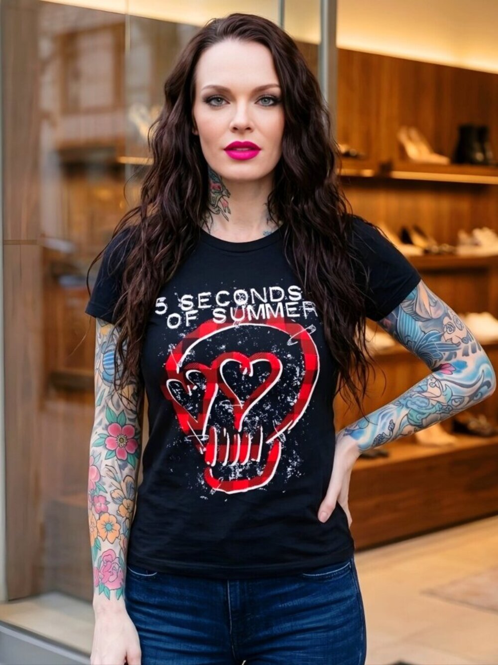 5 Seconds Of Summer Plaid Skull Band Tee Black Red Punk Concert T Shirt Sz XS
